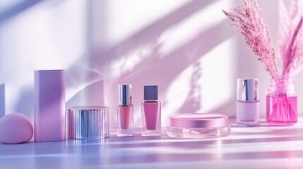 Glamorous, beauty-centric scene with popular skincare and makeup products in pink colors. Cream, lotion, serum, lipstick, parfume bottle with trendy background. Wallpaper, banner, poster, sales coupon