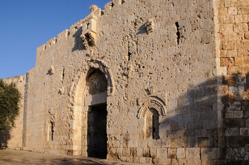 Detail of the intricate stone relief work embellishing the Zion Gate in the Old City of Jerusalem.