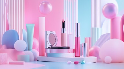 Glamorous, beauty-centric scene with popular skincare and makeup products in pink colors. Cream, lotion, serum, lipstick, parfume bottle with trendy background. Wallpaper, banner, poster, sales coupon