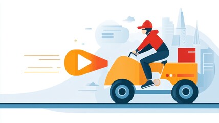 Naklejka premium Illustration of fast delivery service with a courier riding a scooter, set against an urban background emphasizing speed and efficiency.