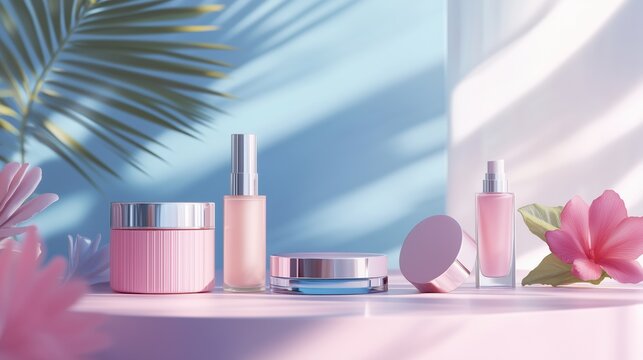 Glamorous, beauty-centric scene with popular skincare and makeup products in pink colors. Cream, lotion, serum, lipstick, parfume bottle with trendy background. Wallpaper, banner, poster, sales coupon - Powered by Adobe