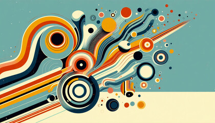 Obraz premium Dynamic retro abstract art featuring vibrant, flowing shapes and circles, creating a lively and energetic visual impact