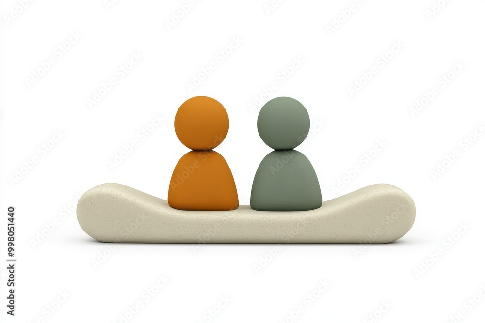 Poster simple abstract illustration of two figures in muted green and brown tones sitting on a minimalist b