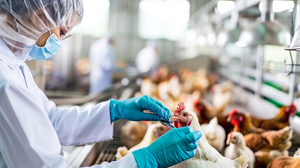 Medical professional closely examines a bird with a stethoscope, microscope, and lab equipment in the background, symbolizing the study and prevention of bird flu.