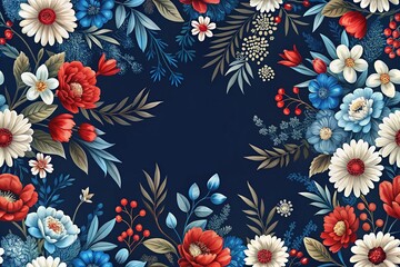 floral pattern with white blue and red flowers on a dark background macro