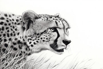 A striking black-and-white illustration of a cheetah in full sprint, showcasing its speed and agility.