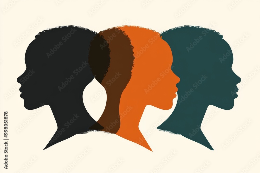 Poster abstract profile illustration of two faces in overlapping shapes with earthy tones symbolizing dialo