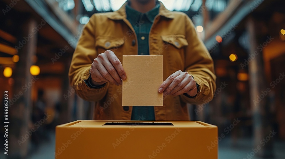 Wall mural a close-up of a voter dropping a completed ballot into a ballot box at a polling station representin