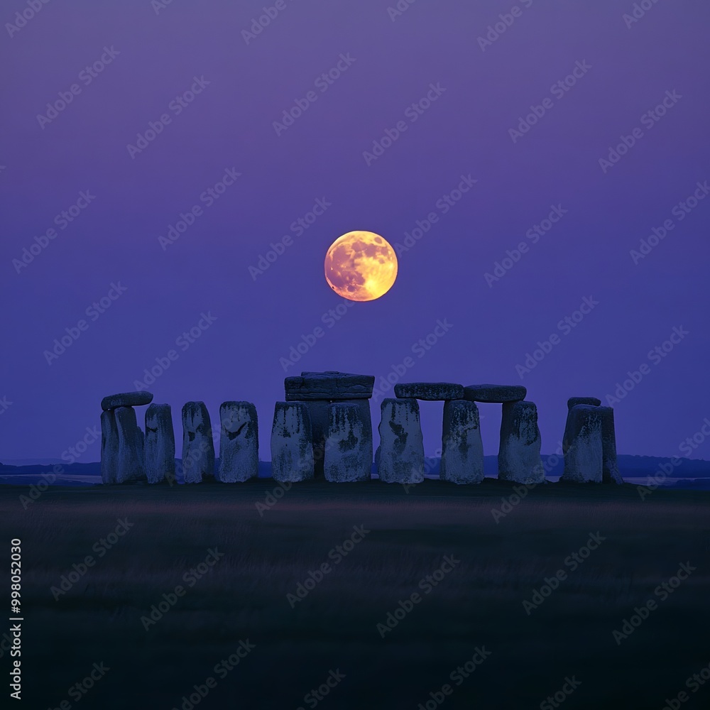 Wall mural arranged stones from nature with the moon in the sky in the background