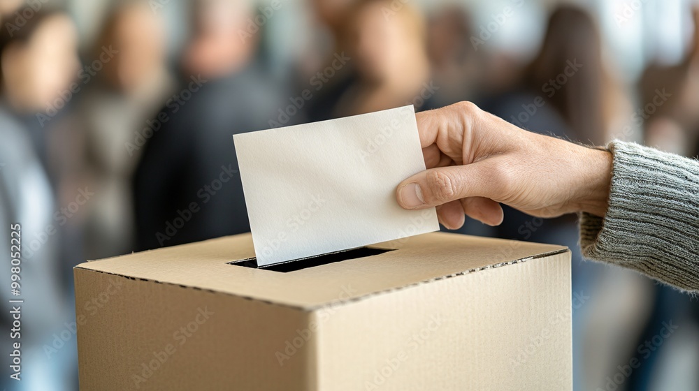 Poster A close-up of a voter dropping a completed ballot into a ballot box at a polling station representing civic duty and participation in democracy Large space for text in center Stock Photo with copy