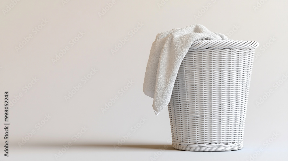 Poster white wicker laundry basket with a towel draped over it in a minimalist setting