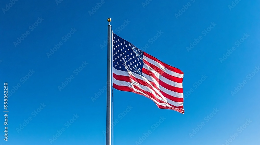 Poster an image of a large american flag waving proudly against a blue sky symbolizing patriotism unity and