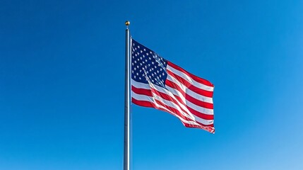 Naklejka premium An image of a large American flag waving proudly against a blue sky symbolizing patriotism unity and national pride during election season Large space for text in center Stock Photo with copy space