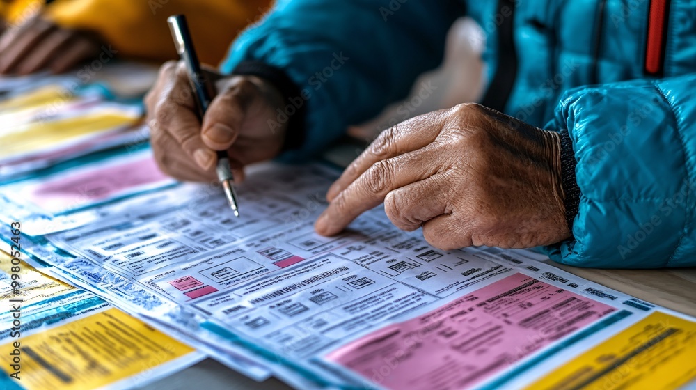 Poster a close-up of hands holding a pen as a voter marks their selection on a ballot showing the importanc