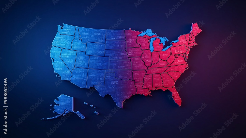 Poster a map of the united states with highlighted states and electoral vote counts representing the strate