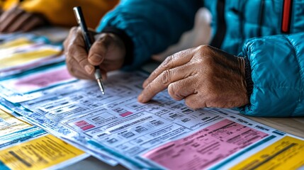 A close-up of hands holding a pen as a voter marks their selection on a ballot showing the importance of careful decision-making in the election process Large space for text in center Stock Photo