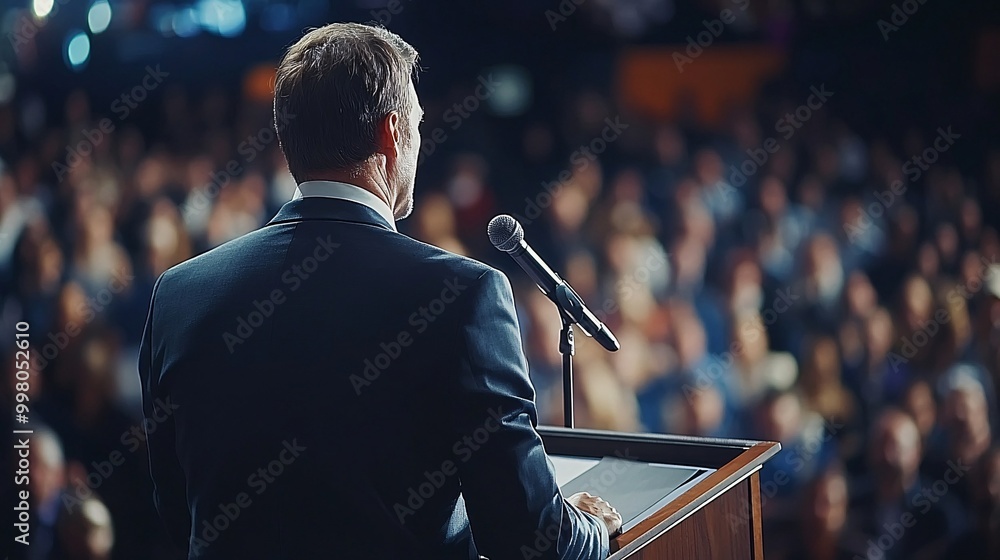 Poster A presidential candidate speaking at a podium with microphones in front of a large crowd representing leadership communication and the presentation of political policies Large space for text in