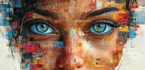 A colorful abstract painting of a woman's eye, created with a mosaic of squares.