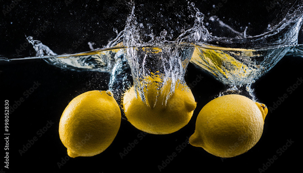 Wall mural fresh lemon and water splash against black background. tasty sweet food. natural fruit.