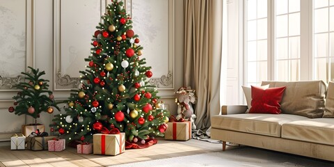 Christmas tree with presents under it in the living room 3d illustration
