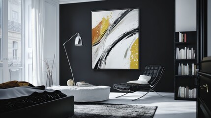 A chic, modern bedroom with a black and white color scheme, abstract wall art, and a stylish reading nook