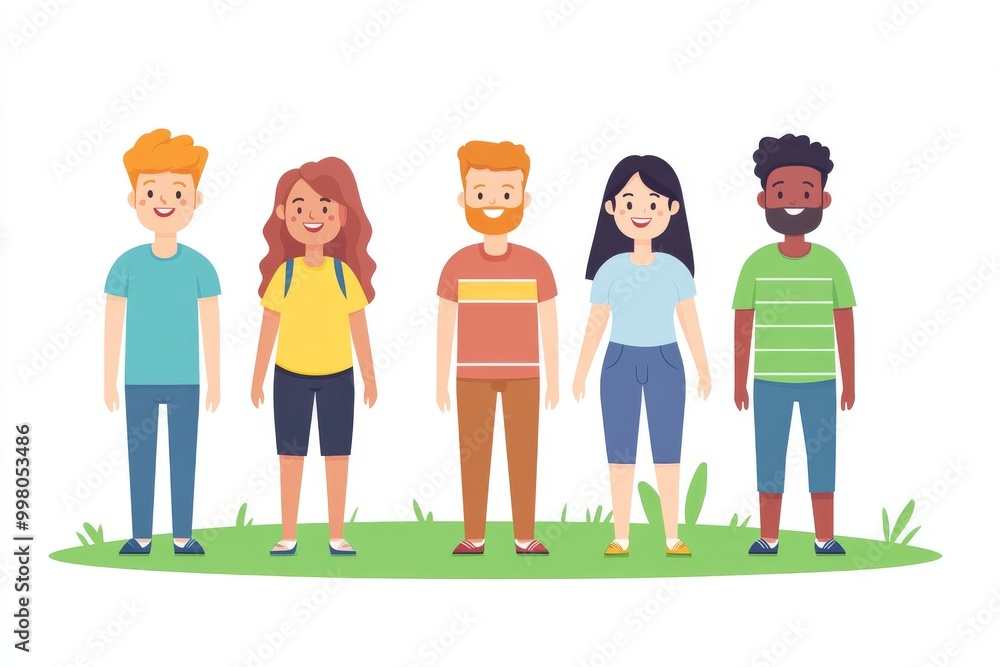 Poster flat illustration of a group of diverse children standing together in a grassy field symbolizing fri