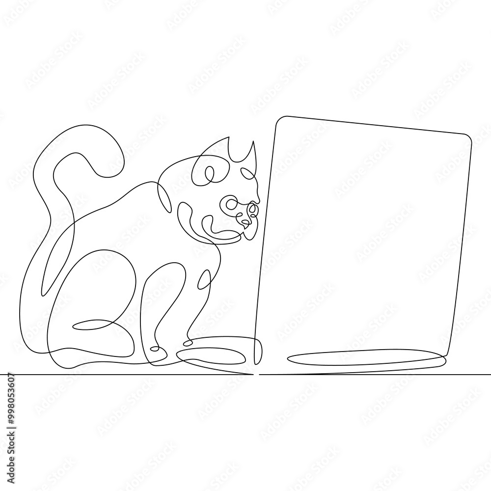Poster cat with a desktop computer, a laptop with a pet.one continuous line.cat logo.one continuous drawing