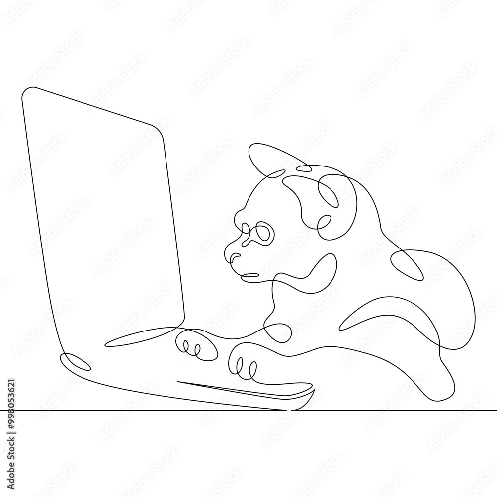 Poster cat with a desktop computer, a laptop with a pet.one continuous line.cat logo.one continuous drawing