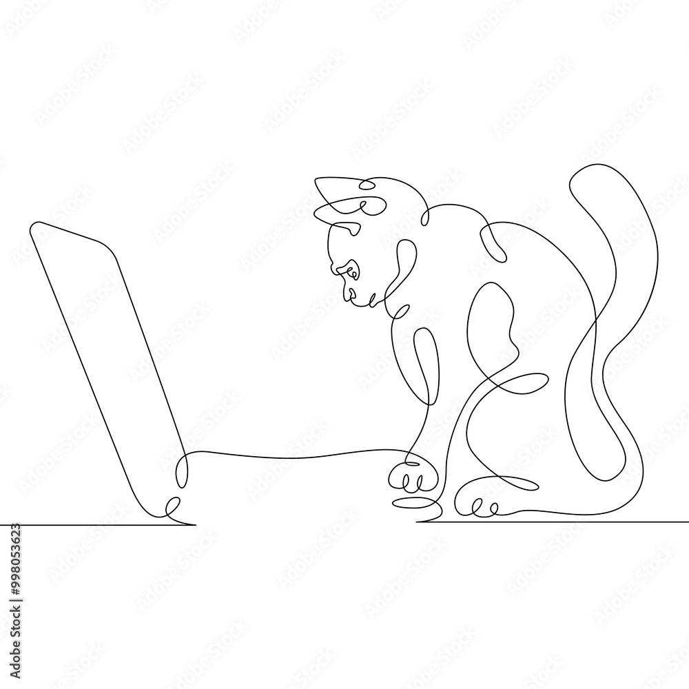 Poster cat with a desktop computer, a laptop with a pet.one continuous line.cat logo.one continuous drawing