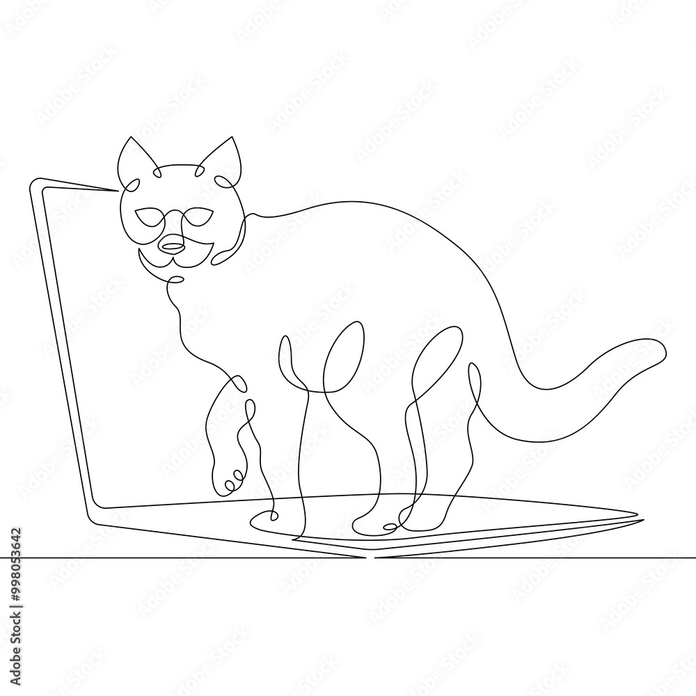 Aufkleber cat with a desktop computer, a laptop with a pet.one continuous line.cat logo.one continuous drawing