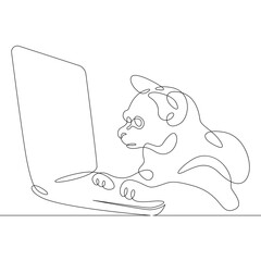 Cat with a desktop computer, a laptop with a pet.One continuous line.Cat logo.One continuous drawing line logo isolated minimal illustration.