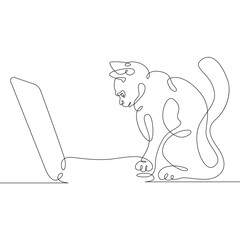 Obraz premium Cat with a desktop computer, a laptop with a pet.One continuous line.Cat logo.One continuous drawing line logo isolated minimal illustration.