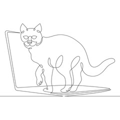 Cat with a desktop computer, a laptop with a pet.One continuous line.Cat logo.One continuous drawing line logo isolated minimal illustration.