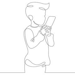 One continuous line.Kid with smartphone.Child playing with the phone. Children's gadget.One continuous drawing line logo isolated minimal illustration.