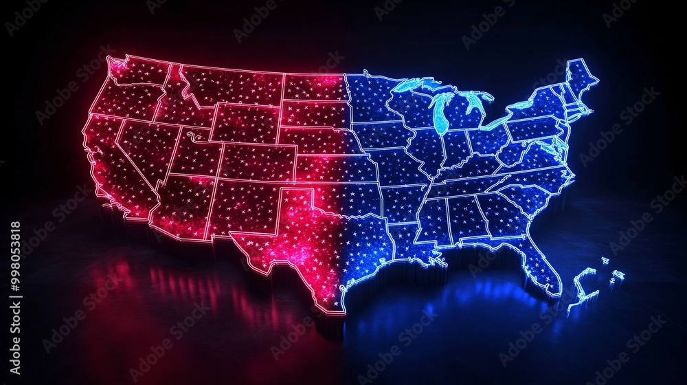 Poster An illustration of the United States map with different states highlighted showing the distribution of electoral votes and key regions to watch in the election Large space for text in center Stock