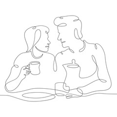 Young loving couple in a cafe. A woman and a man sit for coffee and food. One continuous line .One continuous drawing line logo isolated minimal illustration.