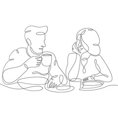 Young loving couple in a cafe. A woman and a man sit for coffee and food. One continuous line .One continuous drawing line logo isolated minimal illustration.