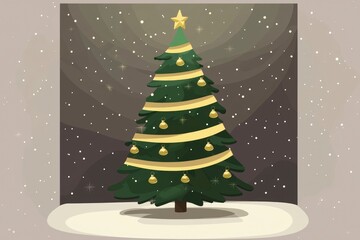 Decorated Christmas Tree with Gold Ornaments and Ribbons in Snowy Landscape