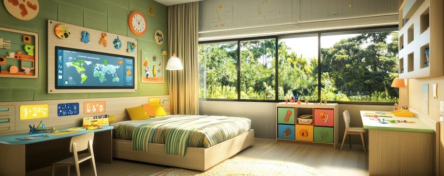 A children's bedroom with adaptive learning environments that adjust based on the child's educational needs and preferences, including smart desks and interactive walls