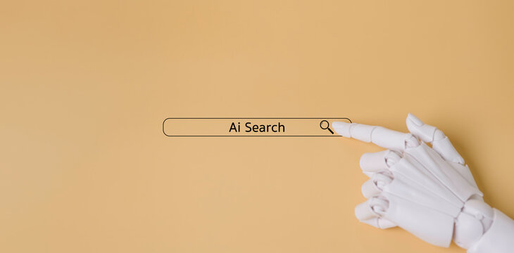 Hand robot point to bar search browser, artificial intelligence (Ai) Search engine command prompt for search data, web, browser, digital technology internet network connection marketing.