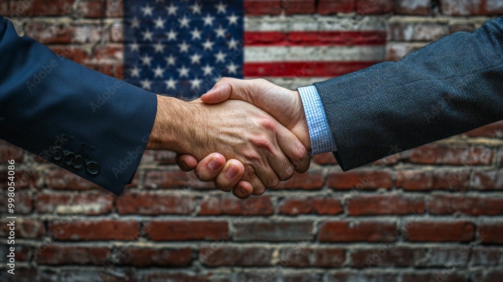 Aufkleber a close-up of hands shaking with an american flag in the background representing partnership unity a