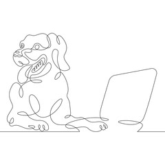 Dog logo. A dog sits with a laptop. A pet with a computer.One continuous line .One continuous drawing line logo isolated minimal illustration.