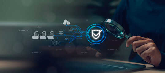 Internet network Document security concept, Businessman Inspection Paperwork Document of Business Data user privacy security and encryption, secure internet access Future technology and cybernetics.