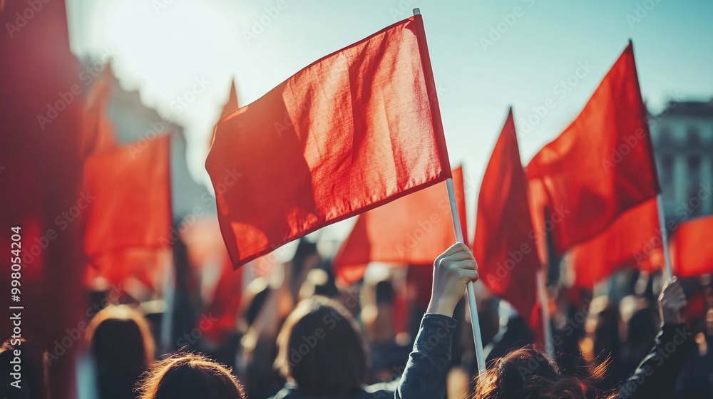 Poster a large group of people at a campaign rally waving banners and flags supporting their chosen candida