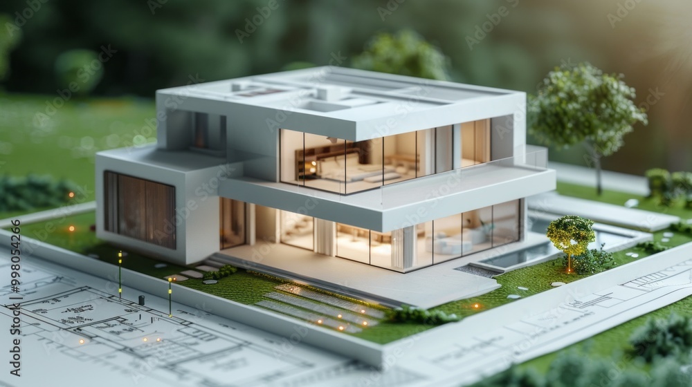 Poster A white house with a large glass window and a tree in the background