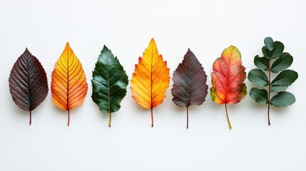 various vibrant autumn leaves arranged on a white background, creating a seasonal theme for fall