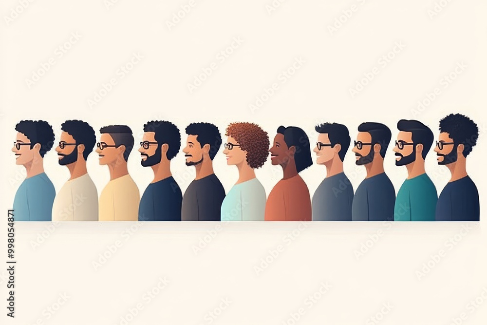 Poster minimalist side profile portrait of diverse individuals standing in a line symbolizing unity individ