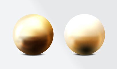 Realistic 3D two golden spheres with reflective. Isolated gold christmas balls on a white background. Holiday decoration vector design.