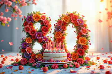 80th birthday card. Beautifully decorated cake with the number 80, surrounded by flowers and rose petals, placed on a dining table.