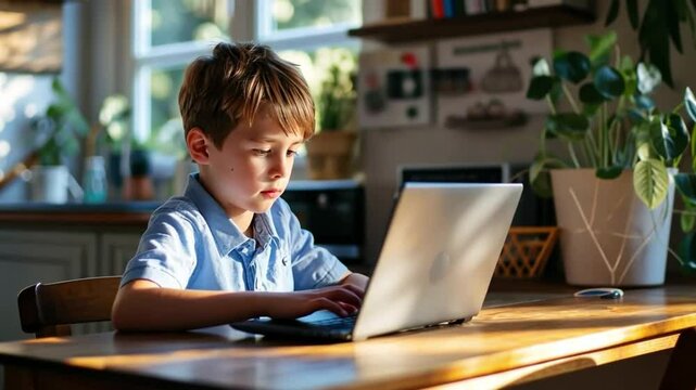 Boy sitting at the table, using the laptop for online lesson learning